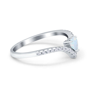Chevron Midi V Ring Heart Lab Created White Opal 925 Sterling Silver